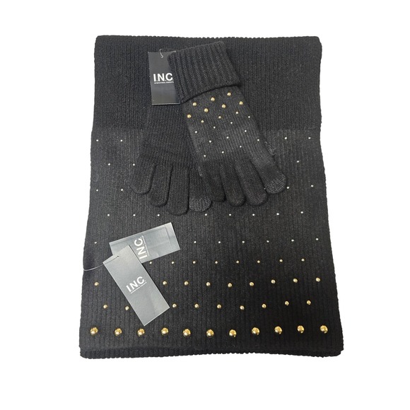 INC International Concepts Accessories - INC International Concepts Black Studded Convertible Wrap and Gloves Set NWT